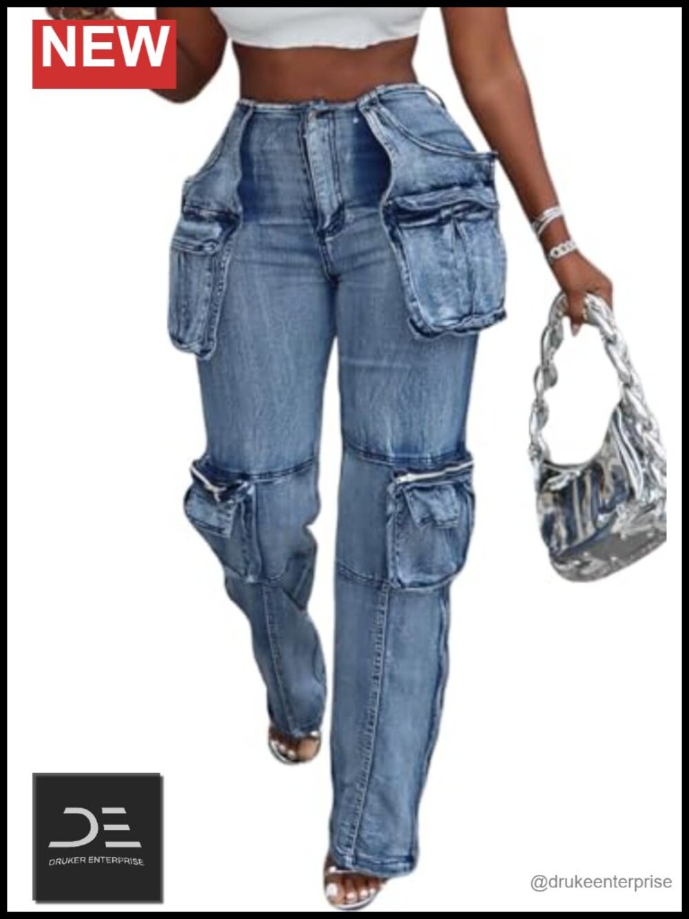 Stretchy Cargo Jeans Baggy Straight Leg High Waist Multi Pocket Denim Party